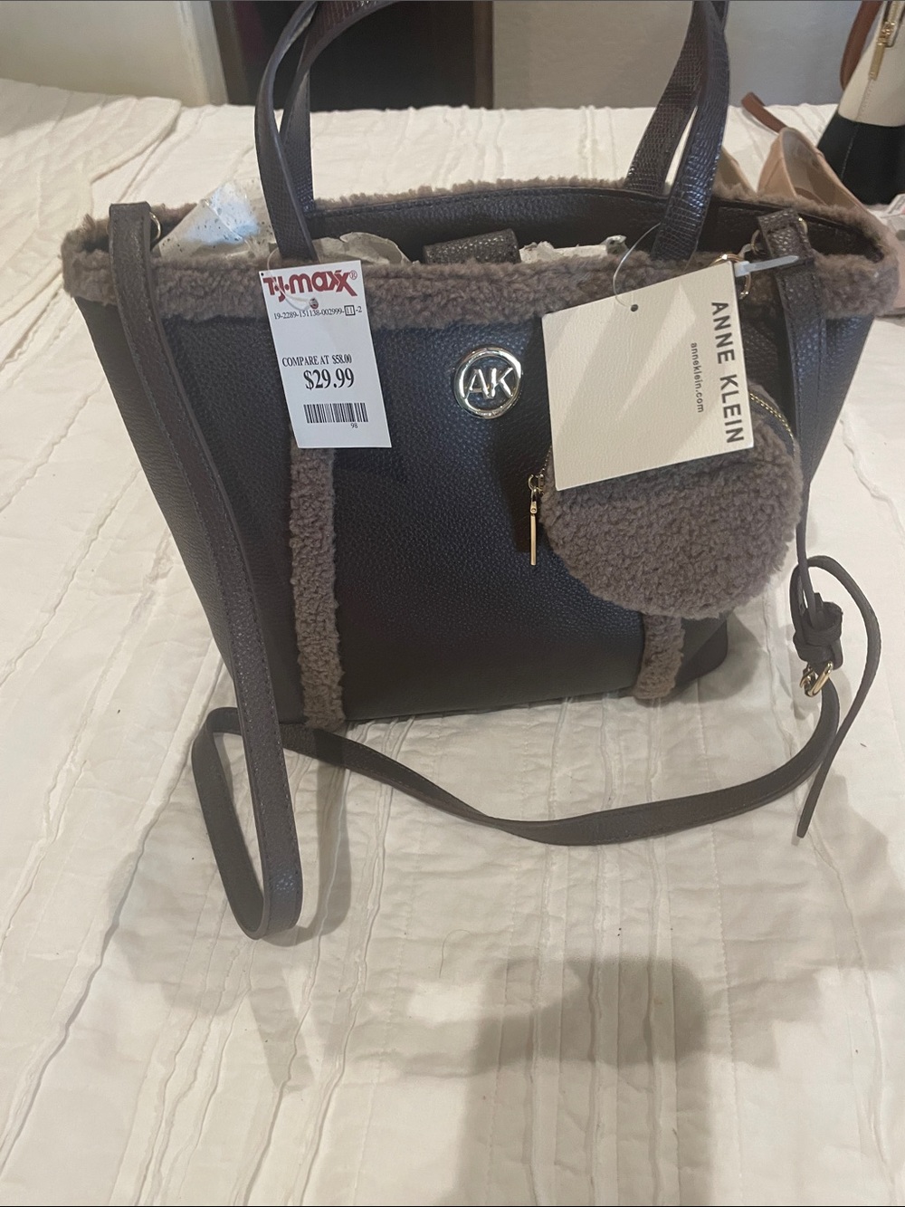 Anne Klein Taupe Faux-Shearling Trim Tote